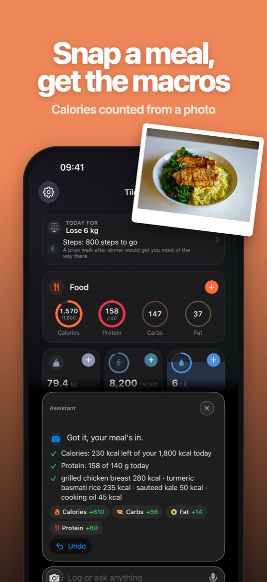 Snap a meal, get the macros: a photo of chicken and rice logged as calories, protein, carbs and fat